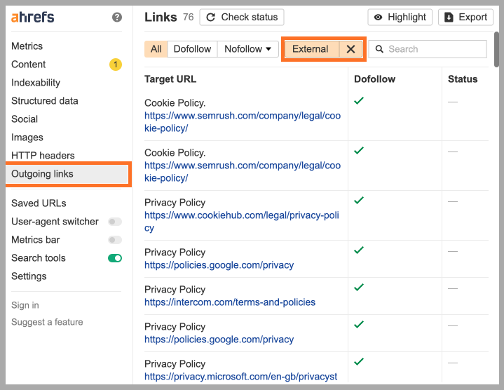 Ahrefs extension filters